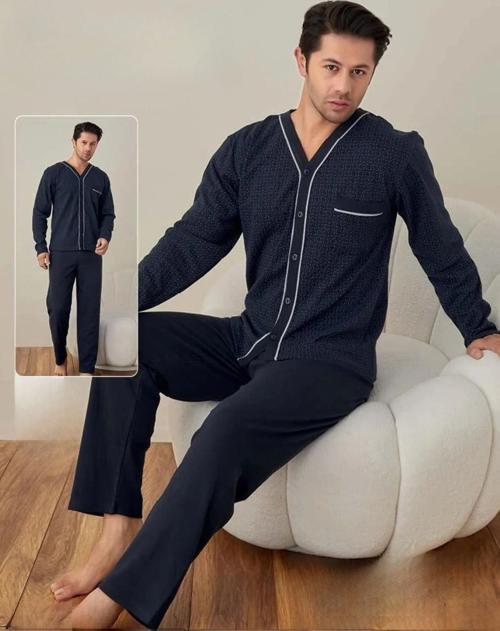 Lindros Erkek Gömlek Yaka İnterlok Uzun Kol Pijama Takımı 00145 - 1 Adet Lacivert-XL