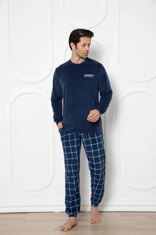 Erkek Kadife Kışlık Bisiklet Yaka Uzun Kol Pijama Takımı 13014 - 1 Adet Lacivert-XL