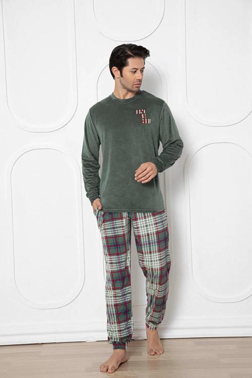 Erkek Kadife Kışlık Bisiklet Yaka Uzun Kol Pijama Takımı 13015 - 1 Adet Haki-XL