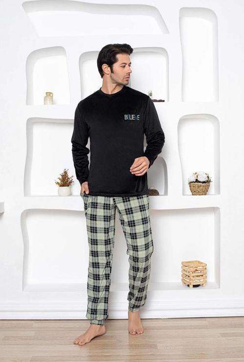 Erkek Kadife Kışlık Bisiklet Yaka Uzun Kol Pijama Takımı 13020 - 1 Adet Siyah-XL