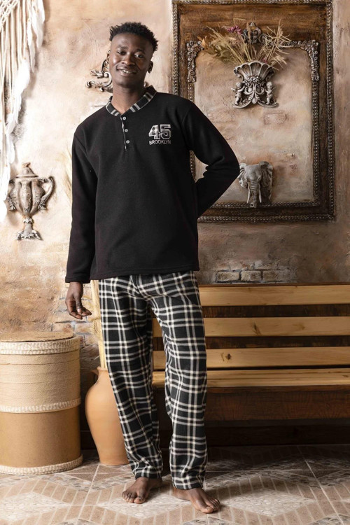 Erkek Yakası Düğmeli Kışlık Polar Pijama Takımı A100/28 - 1 Adet Siyah-M