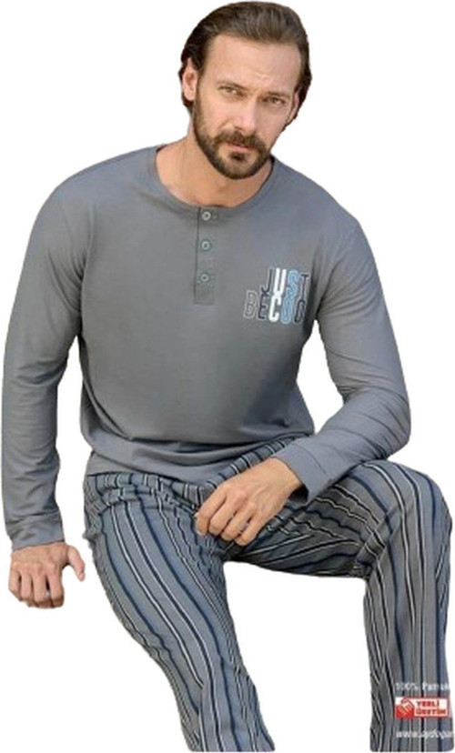 Erkek Süprem Uzun Kollu Pamuklu Pijama Takımı 3496 - 1 Adet Gri-L