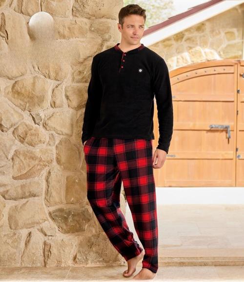 Erkek Düğme Yaka Kışlık Polar Pijama Takımı 6100/7 - 1 Adet Siyah-M
