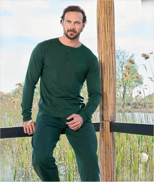 Erkek Modal Uzun Kollu  Pijama Takımı 3435 - 1 Adet Yeşil-XL