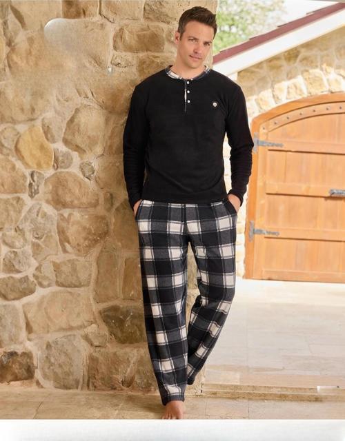 Erkek Düğme Yaka Kışlık Polar Pijama Takımı 6100/12 - 1 Adet Siyah-XL