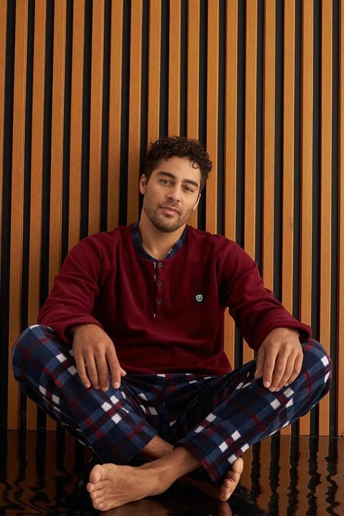 Erkek Düğme Yaka Kışlık Polar Pijama Takımı 6100/14 - 1 Adet Bordo-2XL