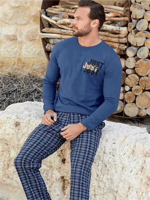 Erkek Süprem Uzun Kollu Pamuklu Pijama Takımı 3367 - 1 Adet Mavi-L