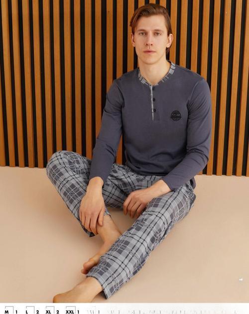 Erkek Süprem Uzun Kol İnce Pijama Takımı 6300 / 9 - 1 Adet Füme-2XL