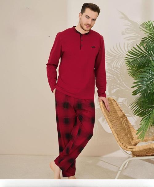 Erkek Pamuklu Düğme Yaka Uzun Kol İnce Pijama Takımı 100/7 - 1 Adet Bordo-2XL