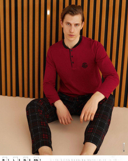 Erkek Süprem Uzun Kol İnce Pijama Takımı 6300 / 16 - 1 Adet Bordo-2XL