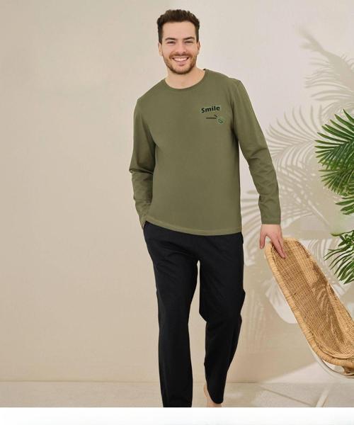 Erkek Pamuklu Bisiklet Yaka Uzun Kol İnce Pijama Takımı 6150/1 - 1 Adet Haki-XL