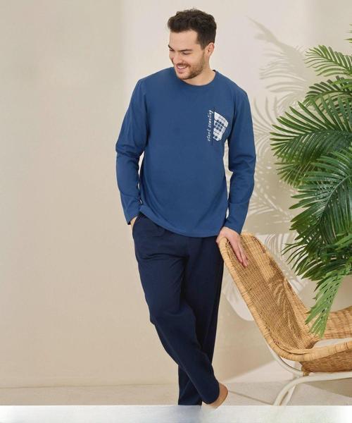 Erkek Pamuklu Bisiklet Yaka Uzun Kol İnce Pijama Takımı 6150/6 - 1 Adet Mavi-XL