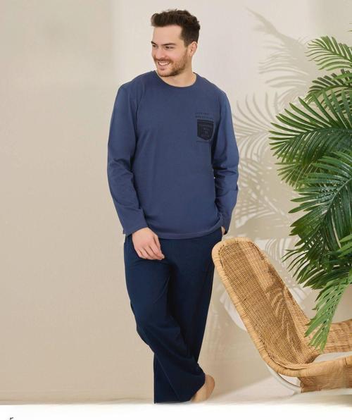 Erkek Pamuklu Bisiklet Yaka Uzun Kol İnce Pijama Takımı 6150/8 - 1 Adet Mavi-2XL