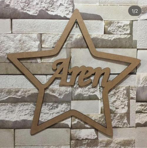 35 Cm Makrome Yıldız Kapı Süsü Ham Renk Ahşap 3Mm Kalınlık