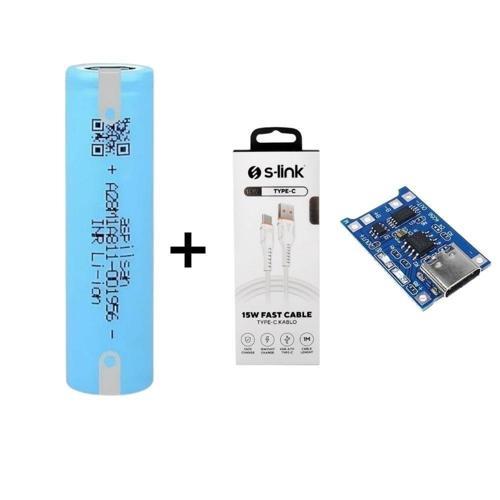 18650-3.7V 2800 mAh + 3A Type-C Hızlı Data Sarj/Kablosu + Type-C Korumalı Batarya Şarj Devresi