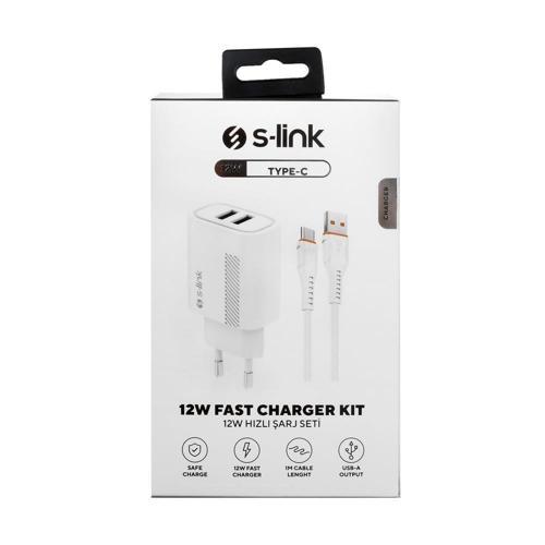 S-link SL-EC50 (SL-EC50T) 5V 2400MA Type-C Kablolu 2 USB Çıkışlı Beyaz Ev Şarj Adaptörü