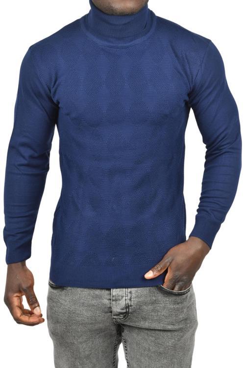 Erkek Lacivert Slim Fit Baklava Desenli Tam Balıkçı Yaka Boğazlı Triko Balıkçı Yaka Kazak 2505507