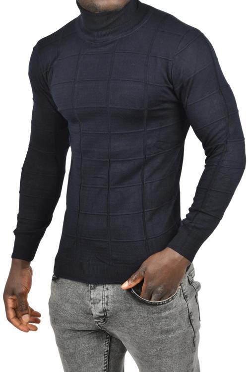 Erkek Lacivert Kare Desenli Balıkçı Yaka Slim Fit Boğazlı Triko Kazak 2505493