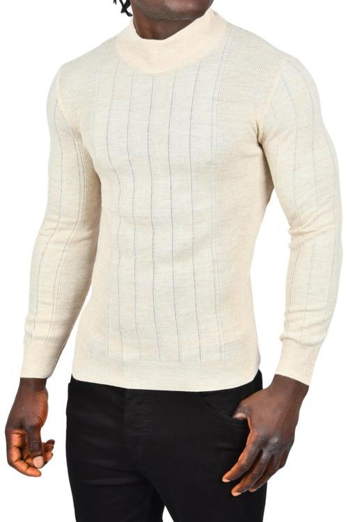 Erkek Bej Yarım Balıkçı Yaka Çizgili Tüylenmeyen Slim Fit Triko Kazak 2505491