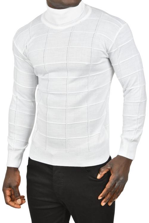 Erkek Beyaz Kare Desenli Balıkçı Yaka Slim Fit Boğazlı Triko Kazak 2505493