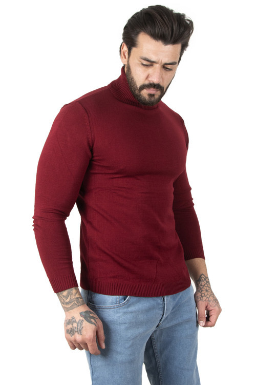 Bordo Balıkçı Yaka Bordo Düz Kazak 2002292