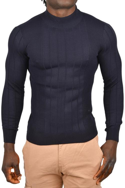 Erkek Lacivert Yarım Balıkçı Yaka Çizgili Tüylenmeyen Slim Fit Triko Kazak 2505491