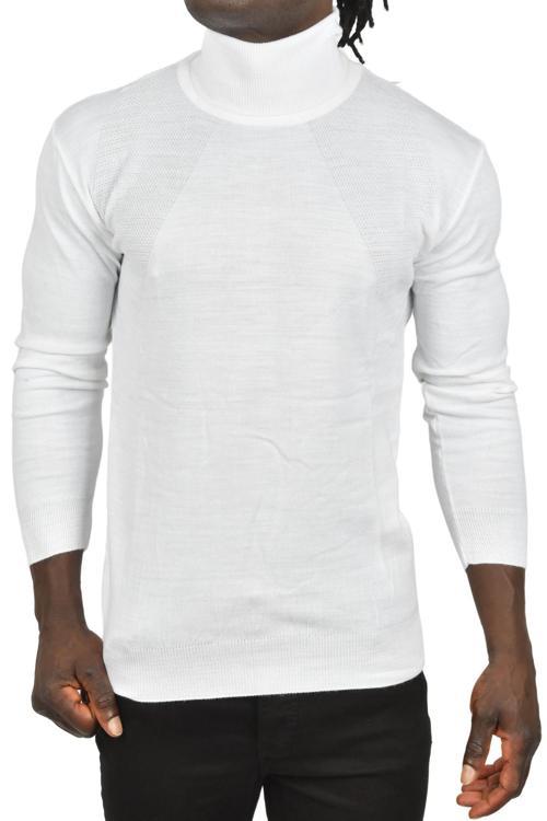 Erkek Beyaz Tam Balıkçı Yaka Yanları Desenli Slim Fit Boğazlı Triko Kazak 2505495