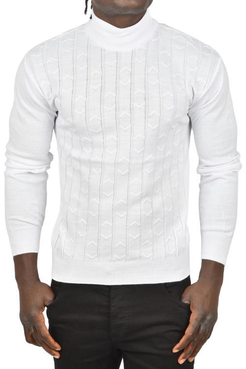 Erkek Beyaz Çizgi Desenli Tüylenme Yapmayan Yarım Balıkçı Yaka Triko Kazak 2505501
