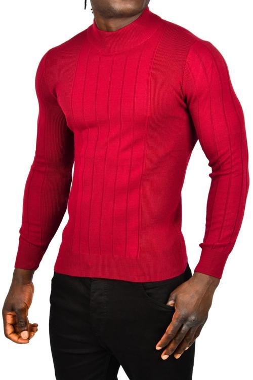 Erkek Bordo Yarım Balıkçı Yaka Çizgili Tüylenmeyen Slim Fit Triko Kazak 2505491