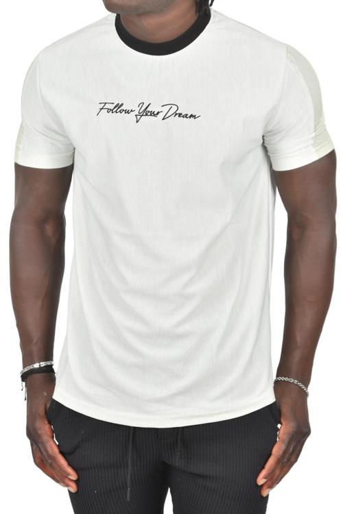 Erkek Mint Yeşili Nokta Desenli Kolları Şeritli Önü Yazılı Slim Fit Tişört 2403224