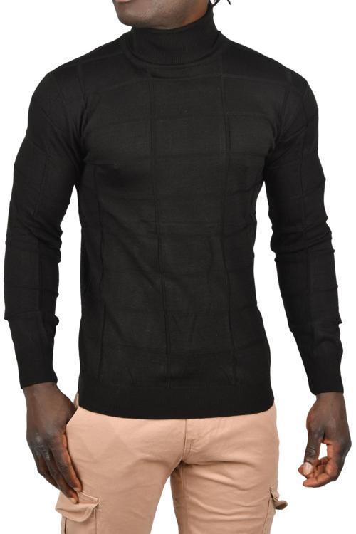 Erkek Siyah Kare Desenli Balıkçı Yaka Slim Fit Boğazlı Triko Kazak 2505493