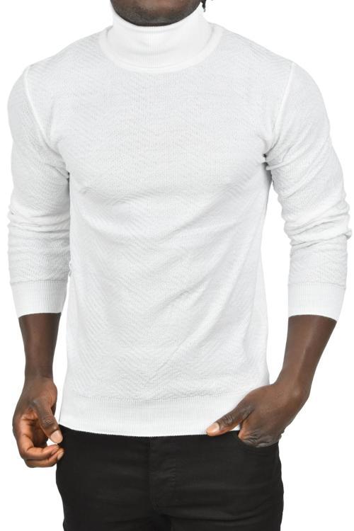 Erkek Beyaz Desenli Dar Kesim Tam Balıkçı Yaka Triko Boğazlı Kazak 2505510