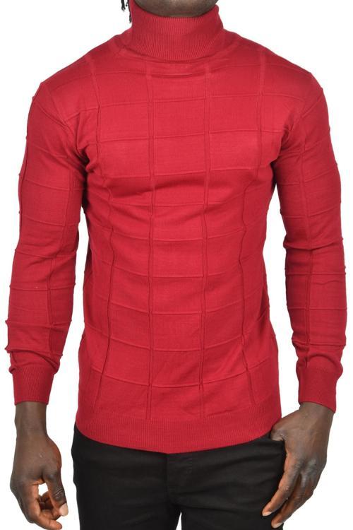 Erkek Bordo Kare Desenli Balıkçı Yaka Slim Fit Boğazlı Triko Kazak 2505493