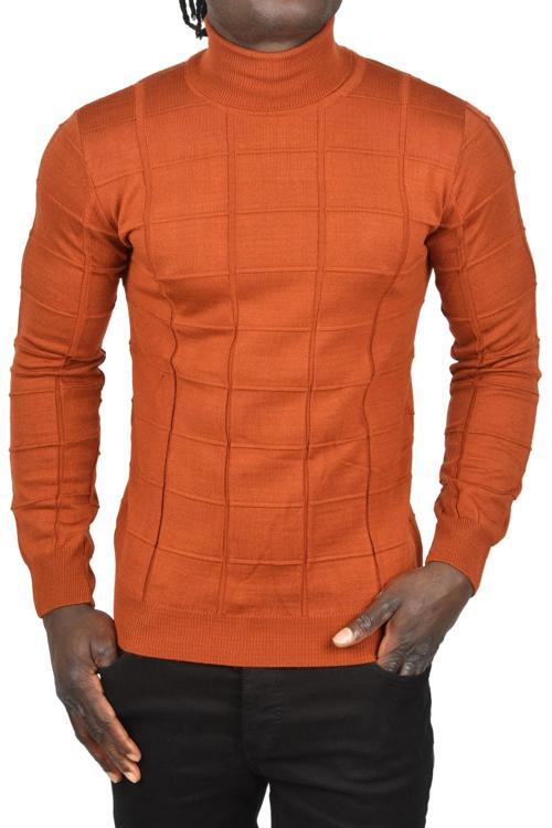 Erkek Kiremit Rengi Kare Desenli Balıkçı Yaka Slim Fit Boğazlı Triko Kazak 2505493