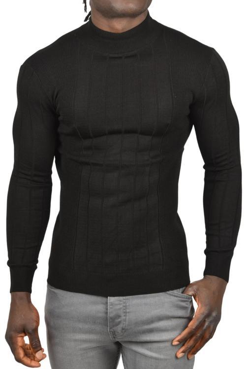 Erkek Siyah Yarım Balıkçı Yaka Çizgili Tüylenmeyen Slim Fit Triko Kazak 2505491