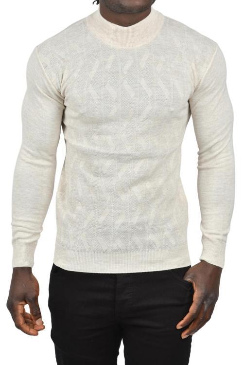 Erkek Bej Dar Kesim Yarım Balıkçı Yaka Desenli Triko Yarım Boğazlı Kazak 2505505