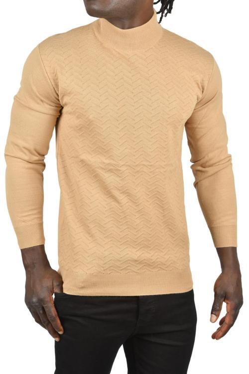 Erkek Camel Zigzag Desenli Yarım Balıkçı Yaka Dar Kesim Boğazlı Triko Kazak 2505496