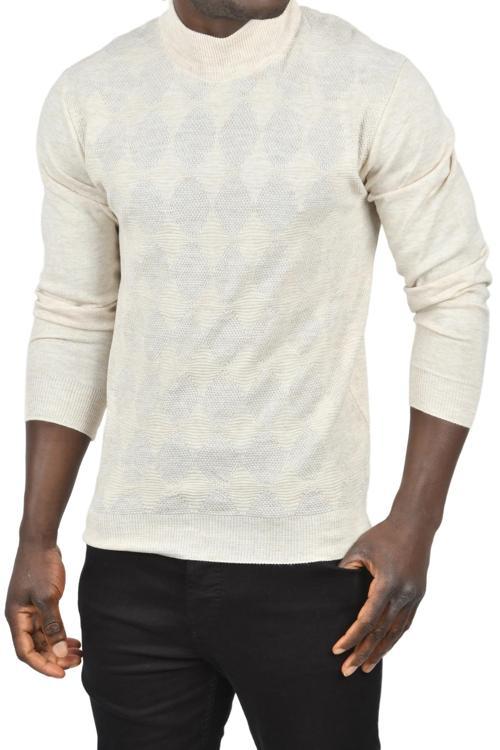 Erkek Bej Dar Kesim Baklava Desenli Yarım Boğazlı Yaka Triko Yarım Balıkçı Yaka Kazak 2505506