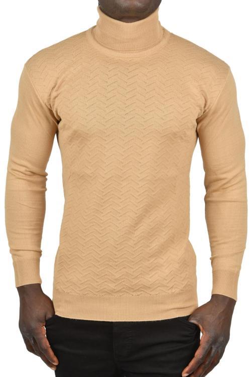 Erkek Camel Zigzag Desenli Tam Balıkçı Yaka Dar Kesim Boğazlı Triko Kazak 2505497