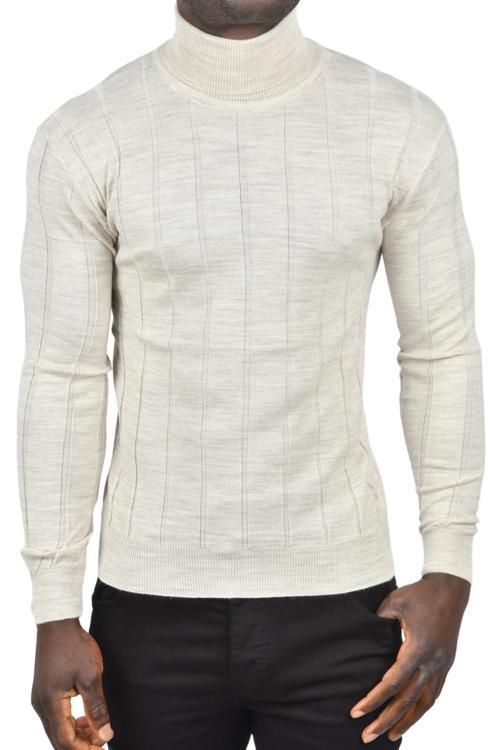 Erkek Bej Slim Fit Likralı Tam Balıkçı Yaka Çizgili Boğazlı Kazak 2505504