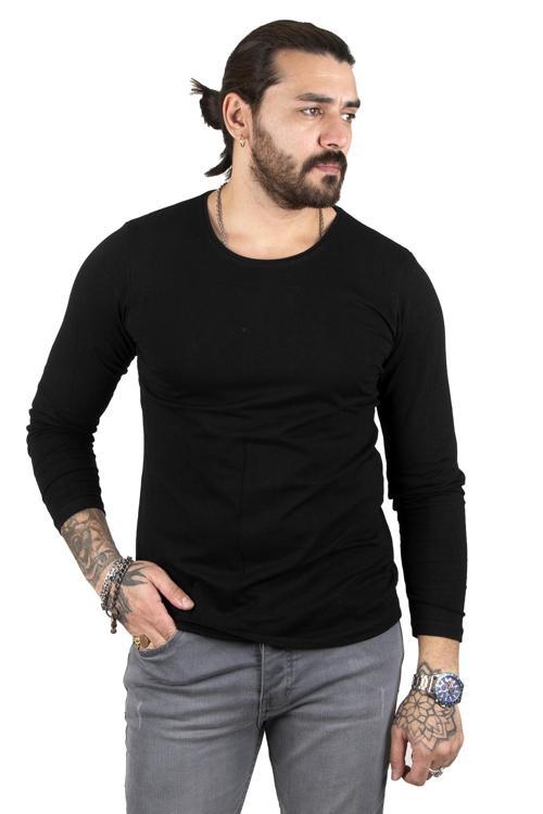 Erkek Siyah Uzun Kollu Dar Kalıp Ince Sıfır Yaka Sweatshirt 2300423