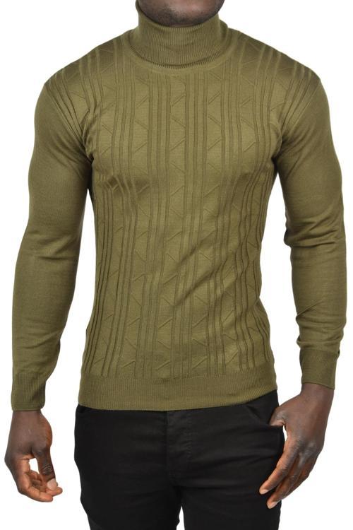Erkek Haki Çizgi Desenli Slim Kesim Tam Balıkçı Yaka Triko Boğazlı Kazak 2505509