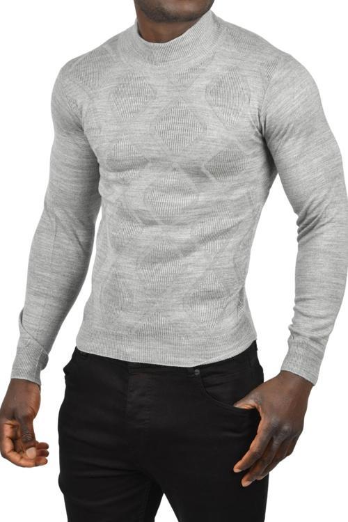 Erkek Gri Baklava Desenli Slim Fit Yarım Balıkçı Yaka Triko Boğazlı Kazak 2505511