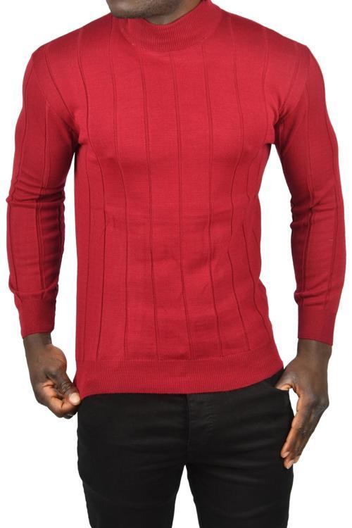 Erkek Bordo Slim Fit Likralı Tüylenme Yapmayan Yarım Balıkçı Çizgili Triko Yarım Boğazlı Kazak 2505503