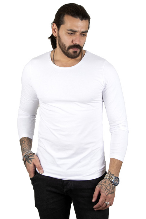 Erkek Beyaz Uzun Kollu Dar Kalıp Ince Sıfır Yaka Sweatshirt 2300423