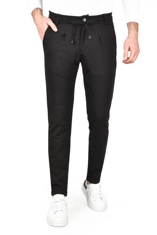 Erkek Siyah Beli Lastikli Slim Fit Likralı Duble Paça Penye Spor Pantolon 2502385