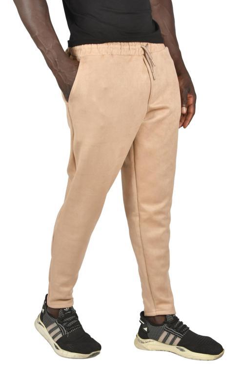 Erkek Krem Beli Lastikli Bağcıklı Kırışmayan Süet Kumaş Rahat Kesim Dar Paça Spor Pantolon 2505556