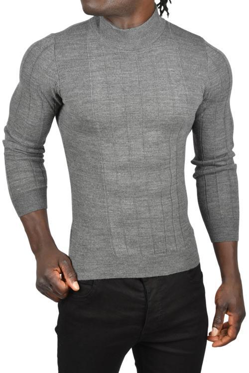Erkek Antrasit Yarım Balıkçı Yaka Çizgili Tüylenmeyen Slim Fit Triko Kazak 2505491