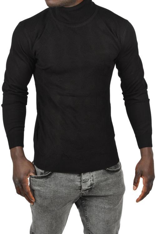 Erkek Siyah Slim Fit Baklava Desenli Tam Balıkçı Yaka Boğazlı Triko Balıkçı Yaka Kazak 2505507