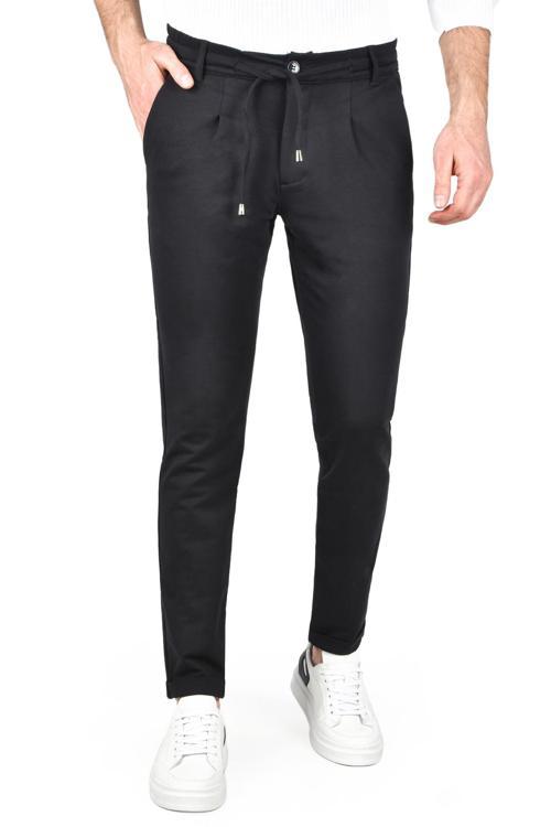 Erkek Koyu Lacivert Beli Lastikli Slim Fit Likralı Duble Paça Penye Spor Pantolon 2502385